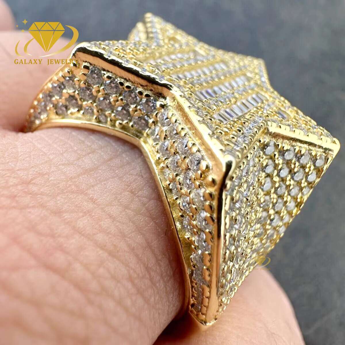 Luxury Iced Out Star Shape Rings 925 Sterling Silver Gold Plated Hip Hop Handmade Moissanite Diamond Custom Men Star Ring