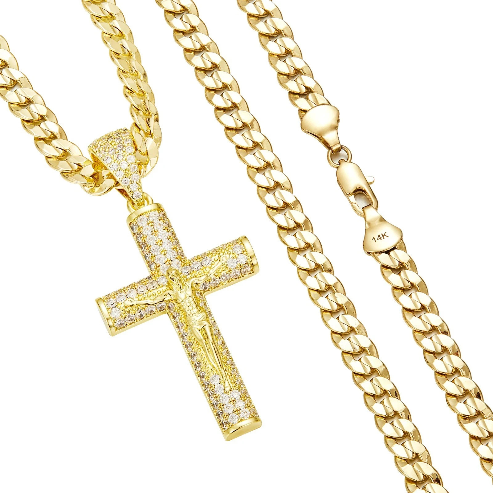 14K Gold-Plated Cross Necklace for Men Advanced Nanotech Tarnish-Free Cuban Figaro Rope Miami Chains with Jesus Crucifix Pendant 251110
