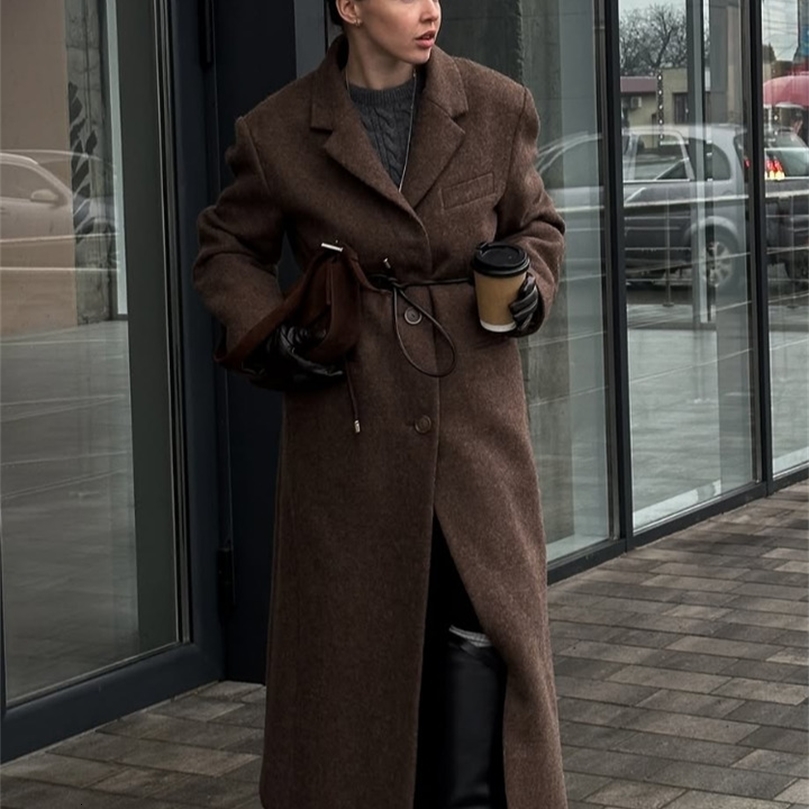 Elegant Womens Brown Wool Blend Overcoats Chic Shoulder Pads Singlebreasted Long Sleeve Coats Autumn Outerwears 251106