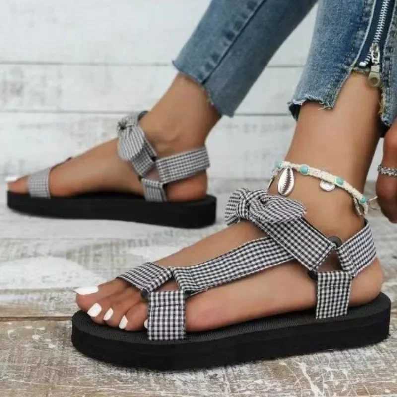 New style large-sized e-line buckle womens sandals new spy sole with open sole fabric bow shoes for women Zapatos De MujerXJ250410
