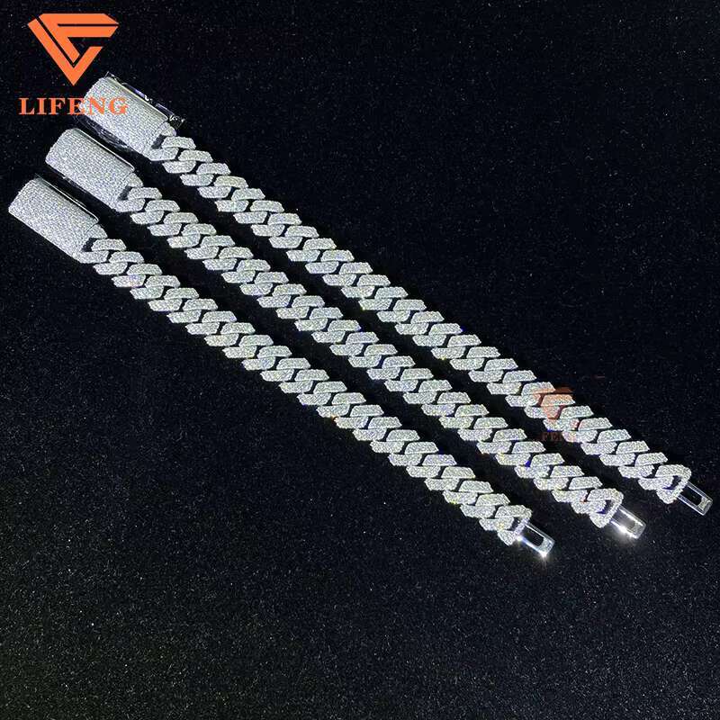 Mens 10mm 12mm Cuban Link Chain 2-Row 925 Solid Sterling Silver Iced Hip Hop Bracelet VVS Moissanite Diamond Pass Diamond Test