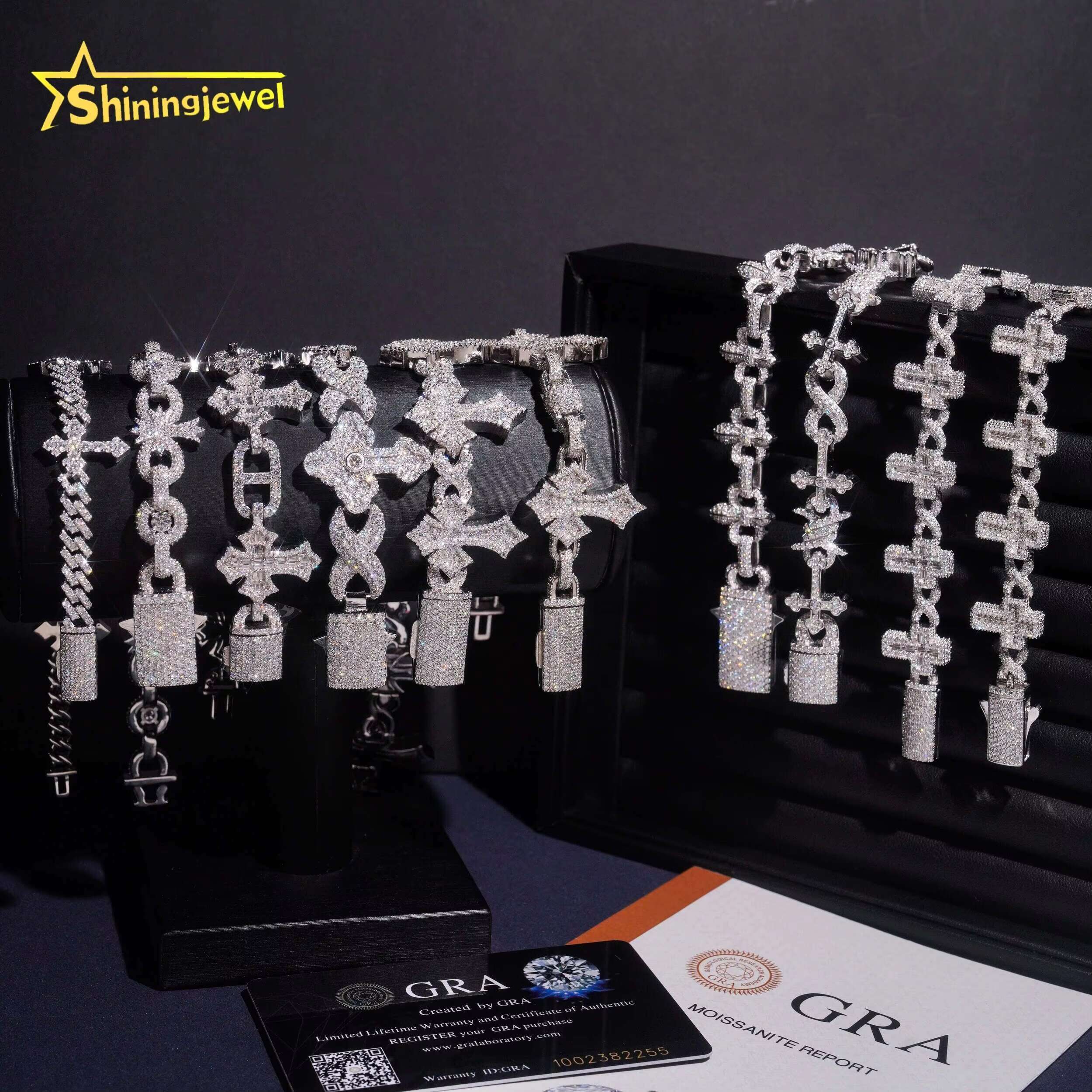 Fancy Shape Men High Quality Hip Hop 925 Silver Moissanite Diamond Iced Out Cross Infinity Cuban Link Bracelet