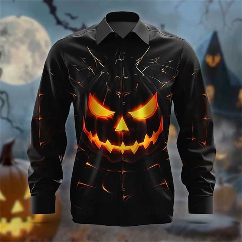 Halloween Long Sleeve Shirt Mens 3D Printed Pumpkin Head Pattern Shirt Fashion Casual Comfortable Party Dress 2024 Mens Street K251110