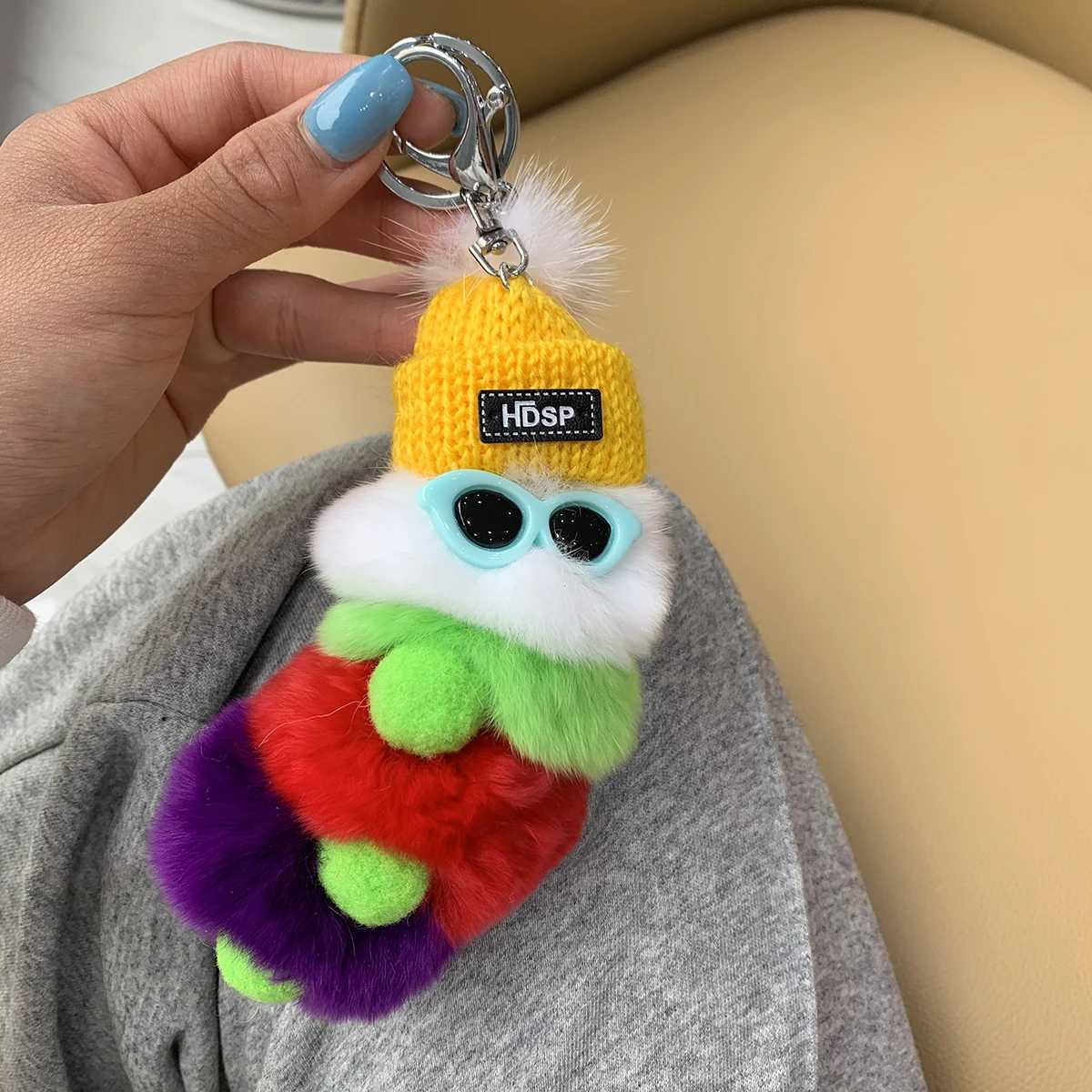Cute colored plush caterpillar keychain with sunglasses soft rabbit fur animal canopy pendant keychain suitable for womens handbags W250411