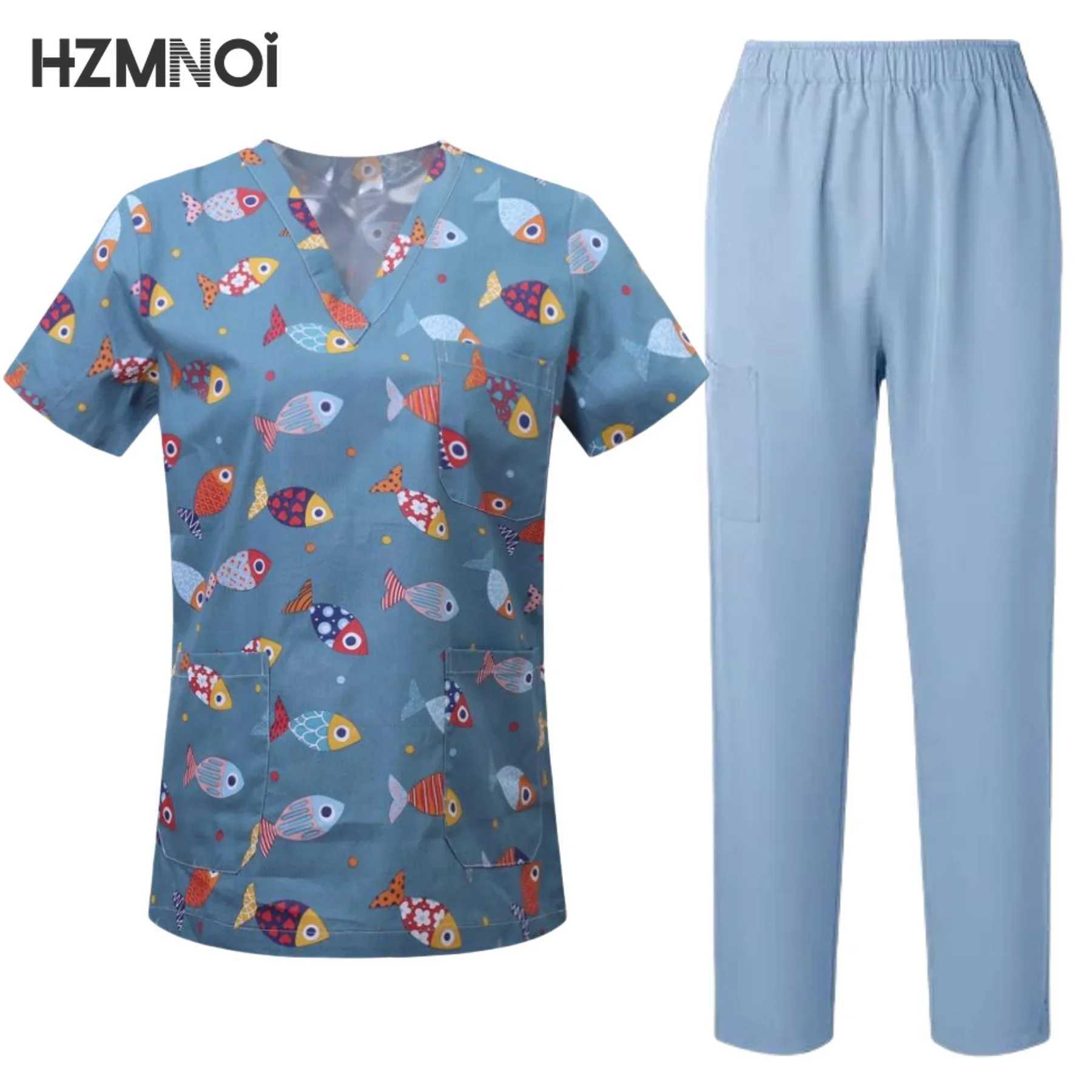 Surgical Uniform Womens Printed Shirt Pocket Pants Medical Matte Set Beauty Sn Work Clothes Clinical Matte Top+Pants Spa Set X250410