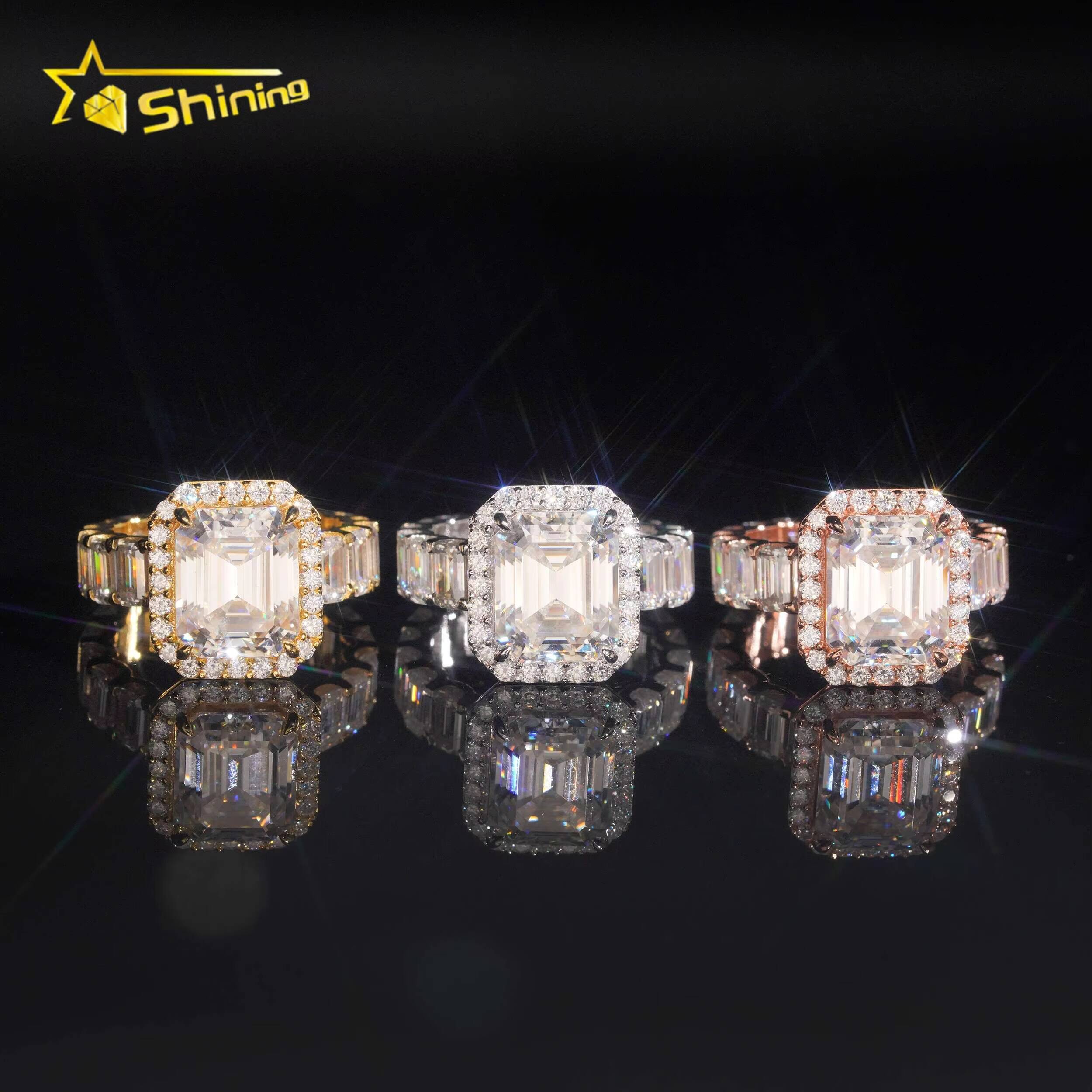 Pass Diamond Tester Wholesale Solid Silver 925 VVS Moissanite 5ct Emerald Cut Engagement Band Ring Iced Out Wedding Ring