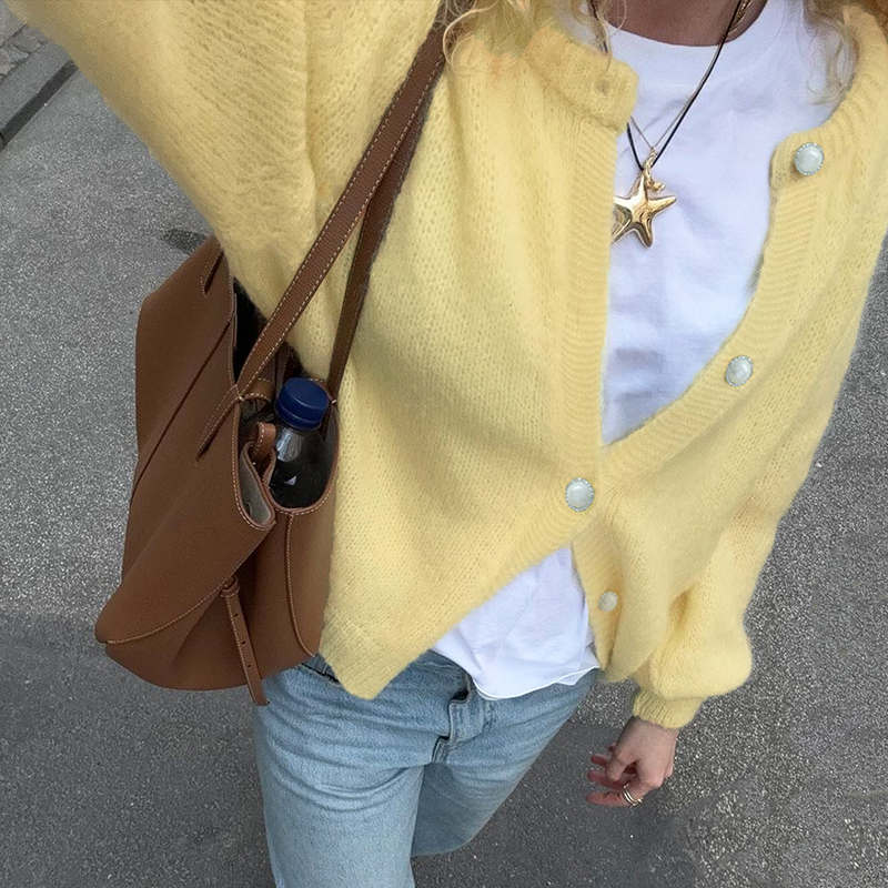 Fall women clothes, women's solid color sweater casual street fashion versatile blouse round neck placket pearl buttons loose---NBJ096