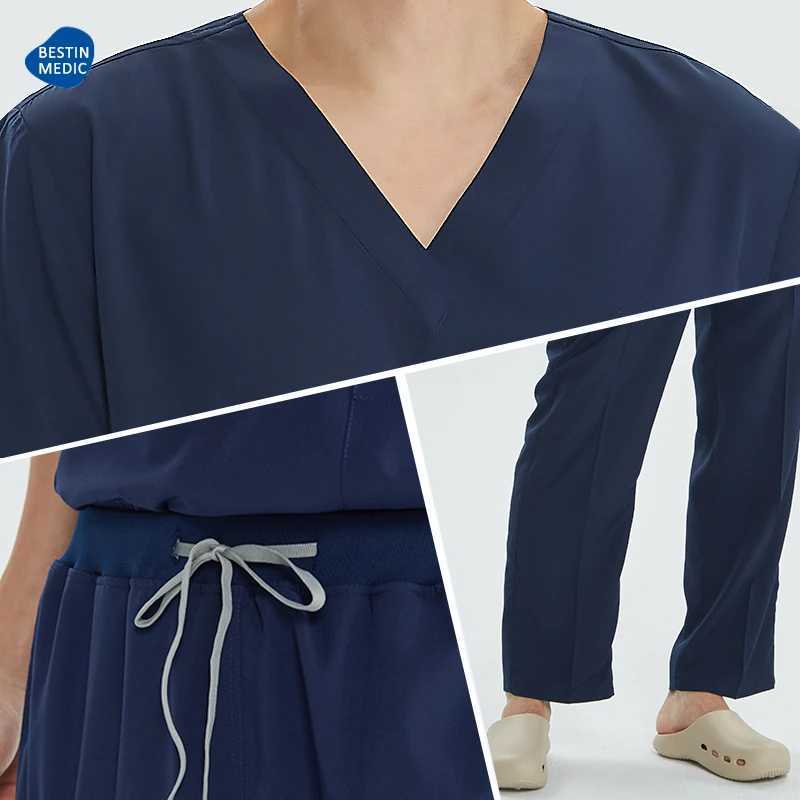 High quality mens medical uniform frosted set V-neck top pull pants hospital doctor set dental care slim set S23 X250410