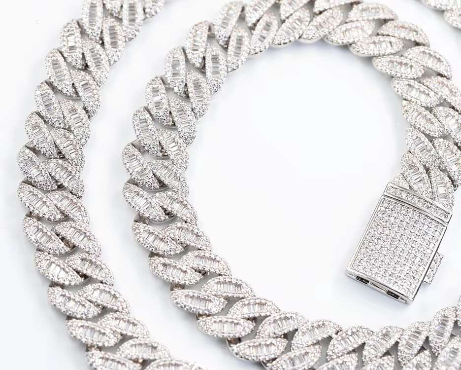 XINGGUANG Gems Customized 15mm Cuban Link Chain 925 Sterling Silver with baguette Moissanite Bling Diamond Hip Hop Necklace