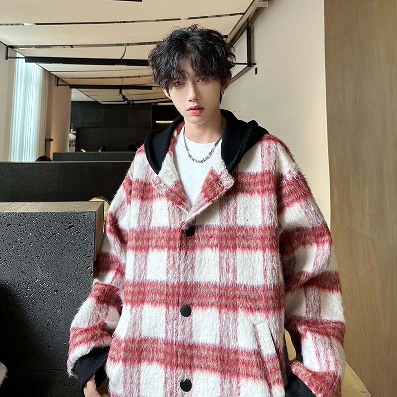 Youth Hooded Plaid Autumn Winter Woolen Large Size Thickened Jacket Cool Loose Woolen Coat Outerwear