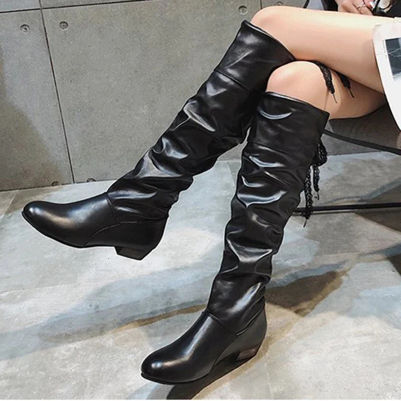 Shoes For Women Spring Knee High Boots Red Black White Tall Boots Woman Pleated Low Heel Casual Leather Female Long Shoes 251110