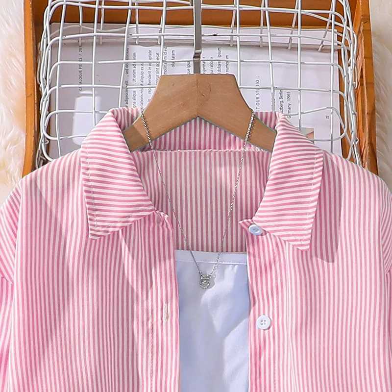 Childrens clothing set suitable for girls aged 4-12 pink striped long sleeved lapel cardigan cardigan and pants daily waist comfort setXJ250410