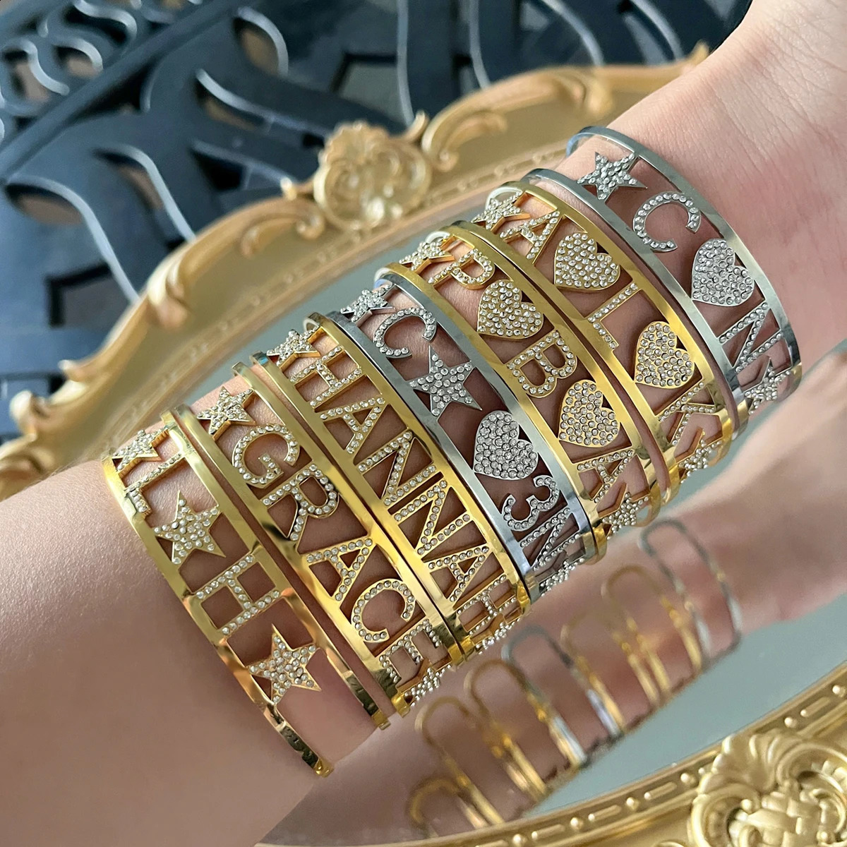 ly customized stainless steel name bracelet zircon letter open adjustable all diamond 250410