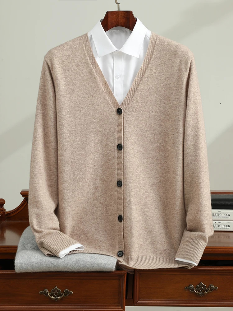 ANGEL 100 Goat Cashmere Mens Cardigan Autumn Winter Sweater Casual Business VNeck Shirt Fashion Warm Long Sleeve Clothing Top 251030