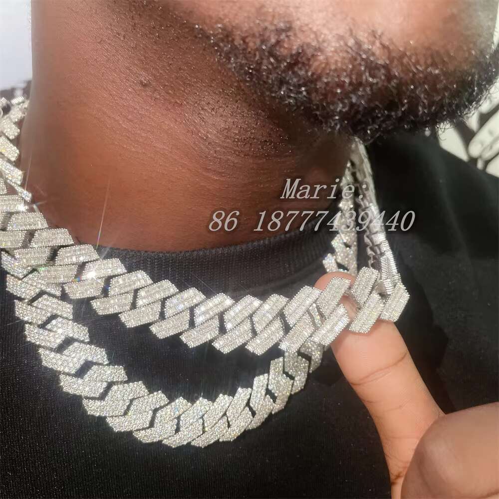20mm Width 925 Sterling Silver With Vvs Moissanite Pendant Necklace Cuban Link Chain baguette Diamond Luxury Hip Hop Jewelry