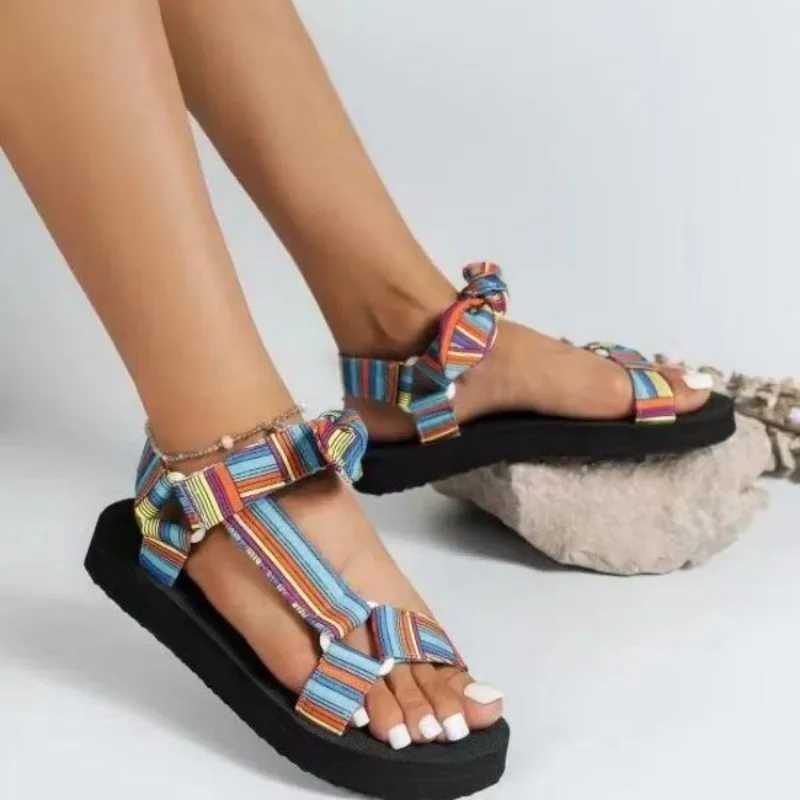 New style large-sized e-line buckle womens sandals new spy sole with open sole fabric bow shoes for women Zapatos De MujerXJ250410