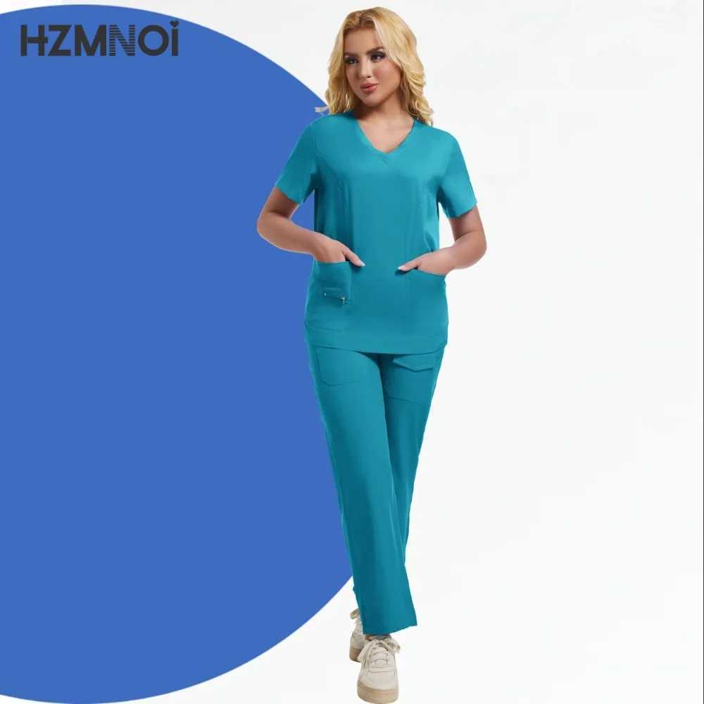 Solid Color Breathable Nursing Scrubs Women Uniforms Elasticity Pet Clinic Nurse Workwear Medical Doctor Thin Clothing X250410