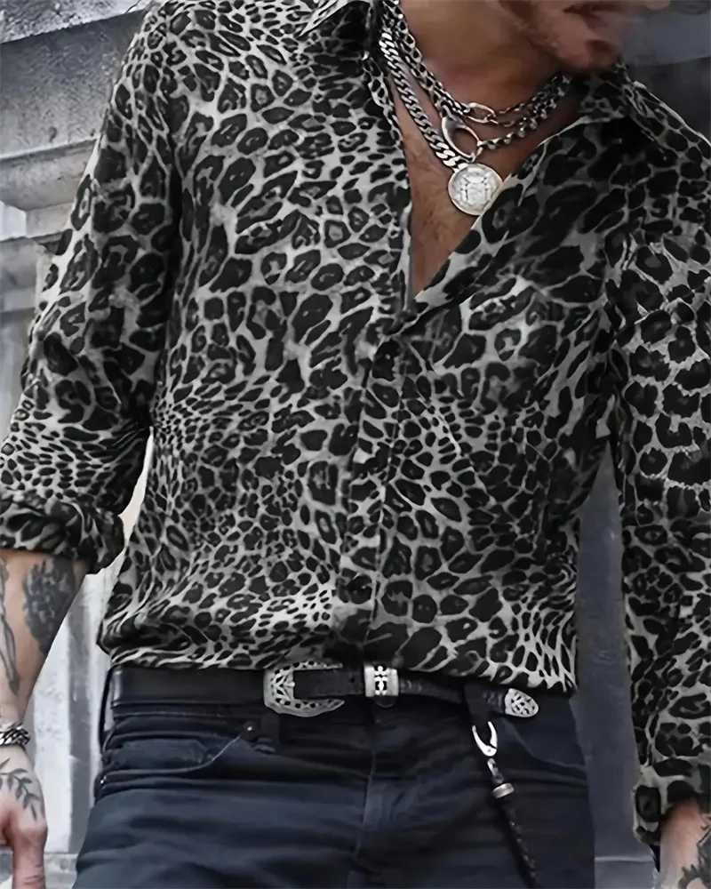 2024 Fashion Leopard Print Mens Long Sleeve Shirt Fashion Casual Button Lapel Tops Mens Spring Autumn Top Mens Shirt K251110