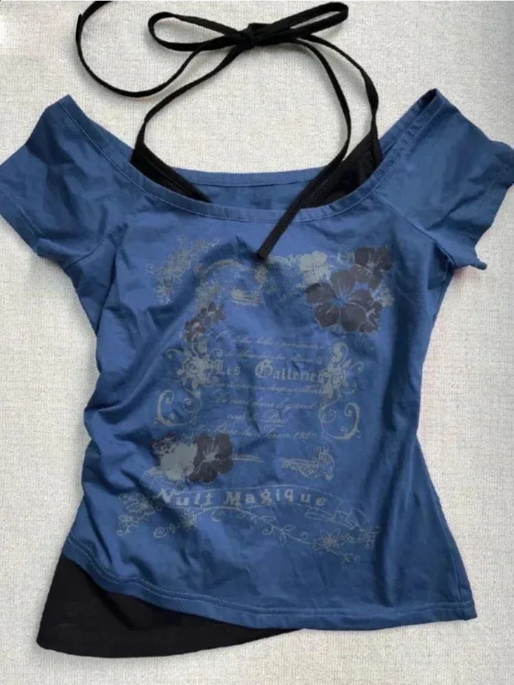Vintage Two piece Strap Lace Top Y2k Slim fit Printed Top Womens Shoulder Short sleeved T-shirt 250410