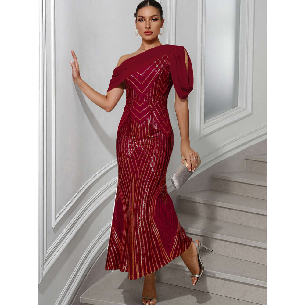 Women's Fashion SEXY DRESSES FOR WOMEN One-Shoulder Chiffon Patchwork Sequin Night club maxi dress Gown