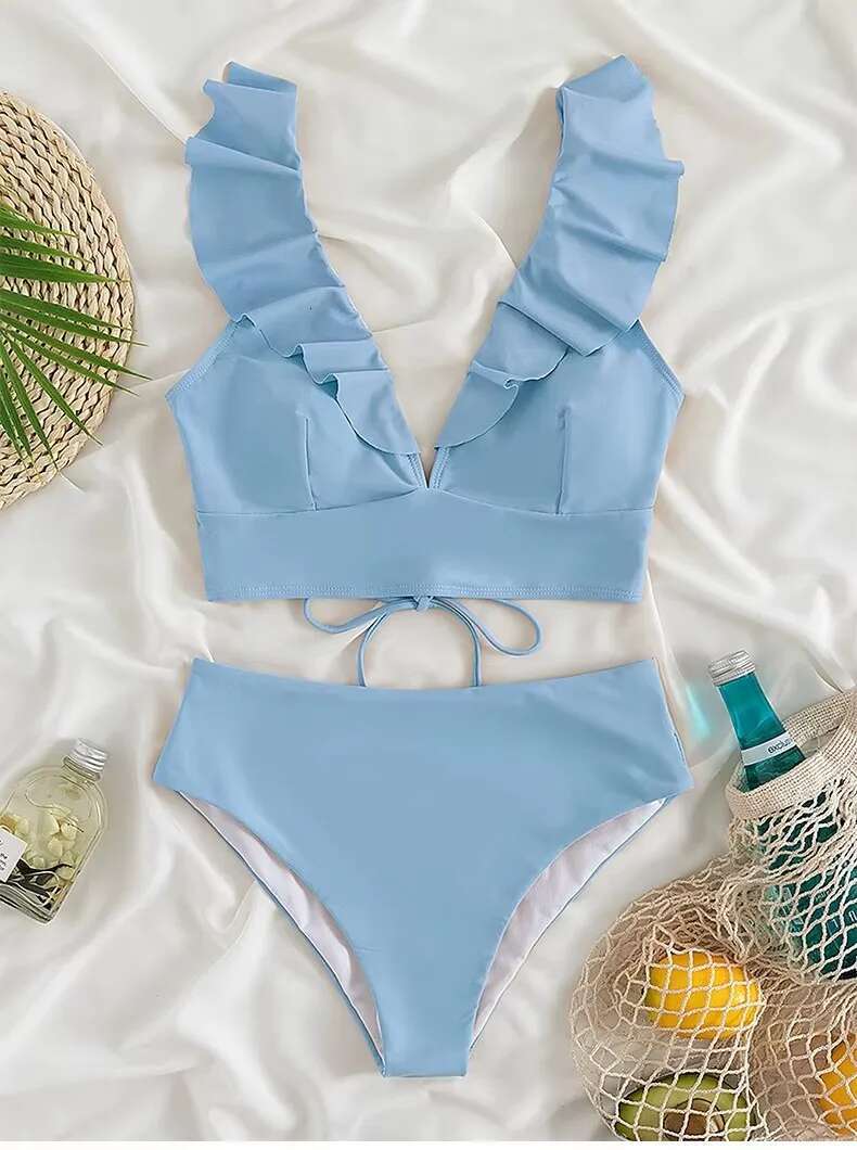 Ladies Two-Piece Set Sexy Swimsuit Tankini Fashion Ruffled Bikini Swimwear Women Swimming Suit Summer Beachwear Clothing