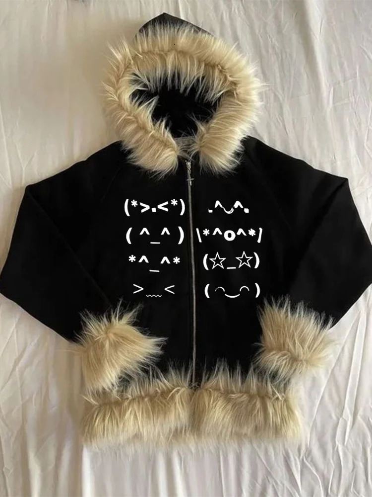 Casual Faur collar Harajuku Streetwear Hiphop Zipper Hoodie sweatshirt Vintage Rock Goth Loose Punk EMO Y2K Zip up hoodie Jacket 251105