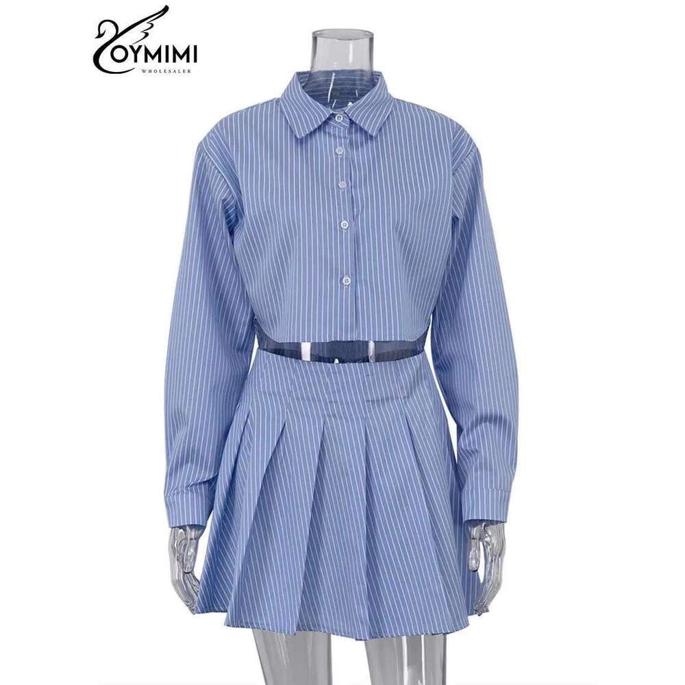 Oymimi Elegant Blue Striped Print Sets For Women 2 Pieces Fashion Long Sleeve Button Crop Tops And High Waist Pleated Skirts Set