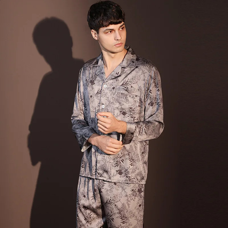 High quality pajama set mens spring and autumn ice silk long sleeved mens pajamas summer slim fit fashionable pajama set 250408