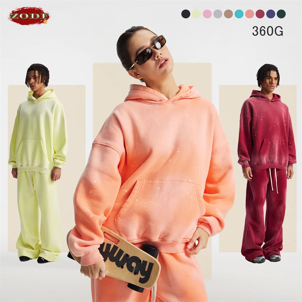 ZODF Trendy Men Washed 360gsm Fleece Hoodies Unisex Oversized Warm Paint Distressed Hooded Pullovers Winter Coat HY0947 251110