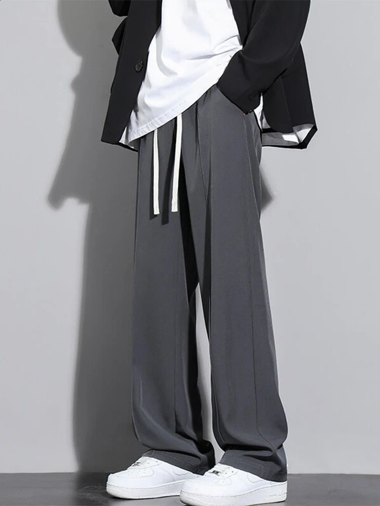 Mens casual straight pants loose elastic waistband Korean classic blue black gray mens Trouser Plus size 250411Z