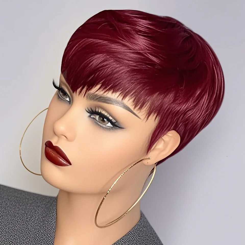 6inch Short Pixie Cut Straight Wig 100 Human Hair for Women Machine Made with Pre-Styled Bangs Tangle-Free Natural HairlineT251111