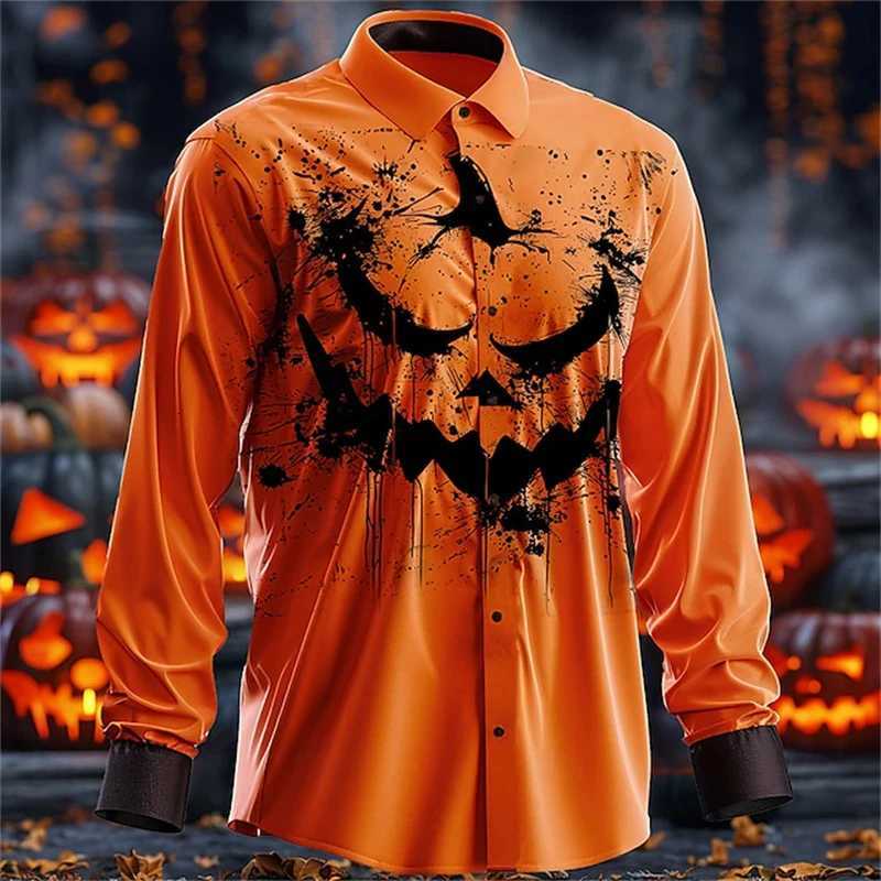 Halloween Long Sleeve Shirt Mens 3D Printed Pumpkin Head Pattern Shirt Fashion Casual Comfortable Party Dress 2024 Mens Street K251110