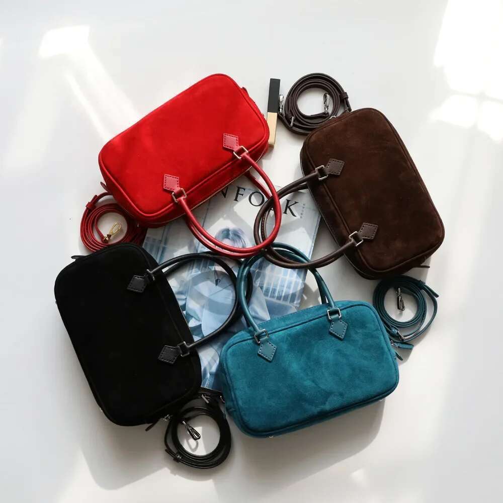 Designer Bag 2024 Suede Leather Women Small Boston New High Quality Versatile Handbags Lady Shoulder Crossbody Bags Blue Coffee