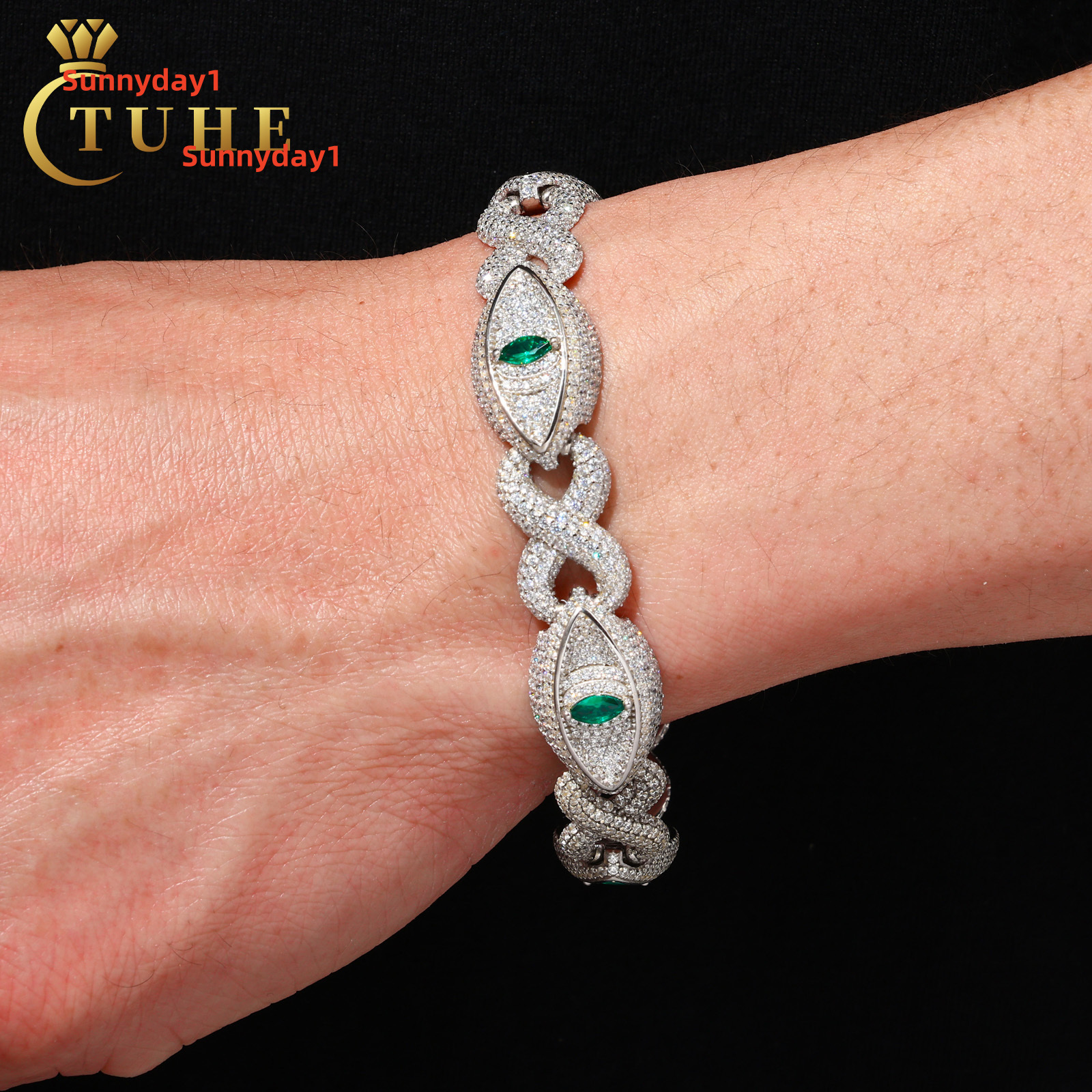 Hip Hop Jewelry 14mm 925 Pure Silver White VVS Moissanite Colored Moissanite Infinity Evil Eye Link Bracelet