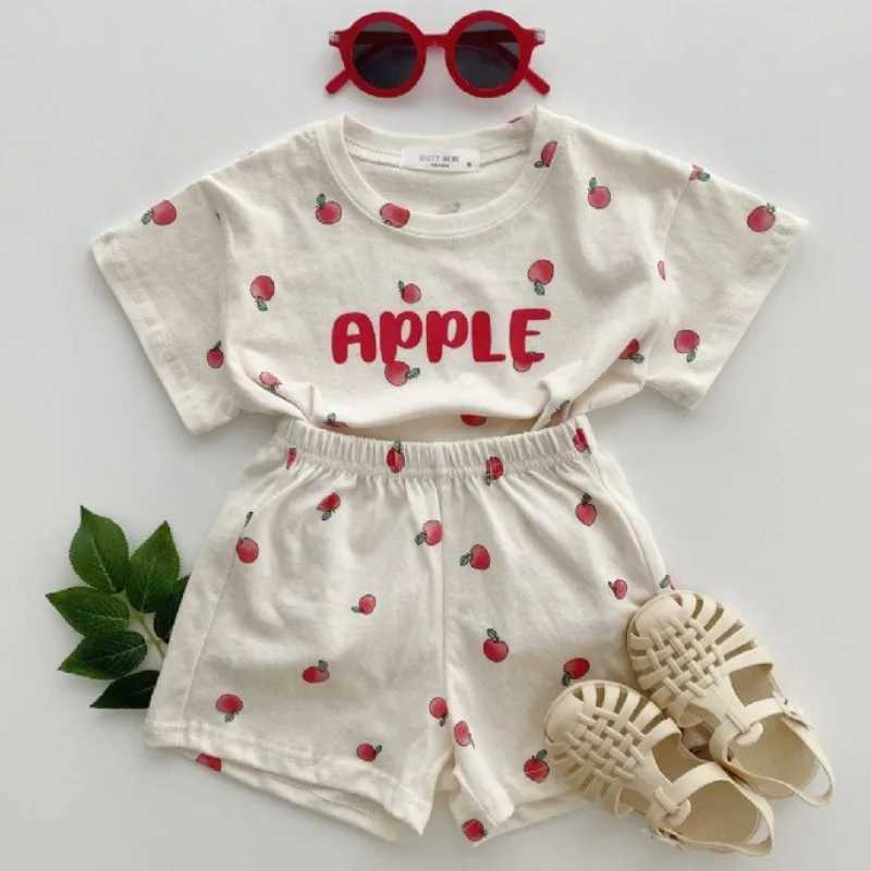2 pieces of summer baby girl clothing childrens short sleeved set thin cotton fruit printed short sleeved T-shirt set childrens fashionable T-shirt pa