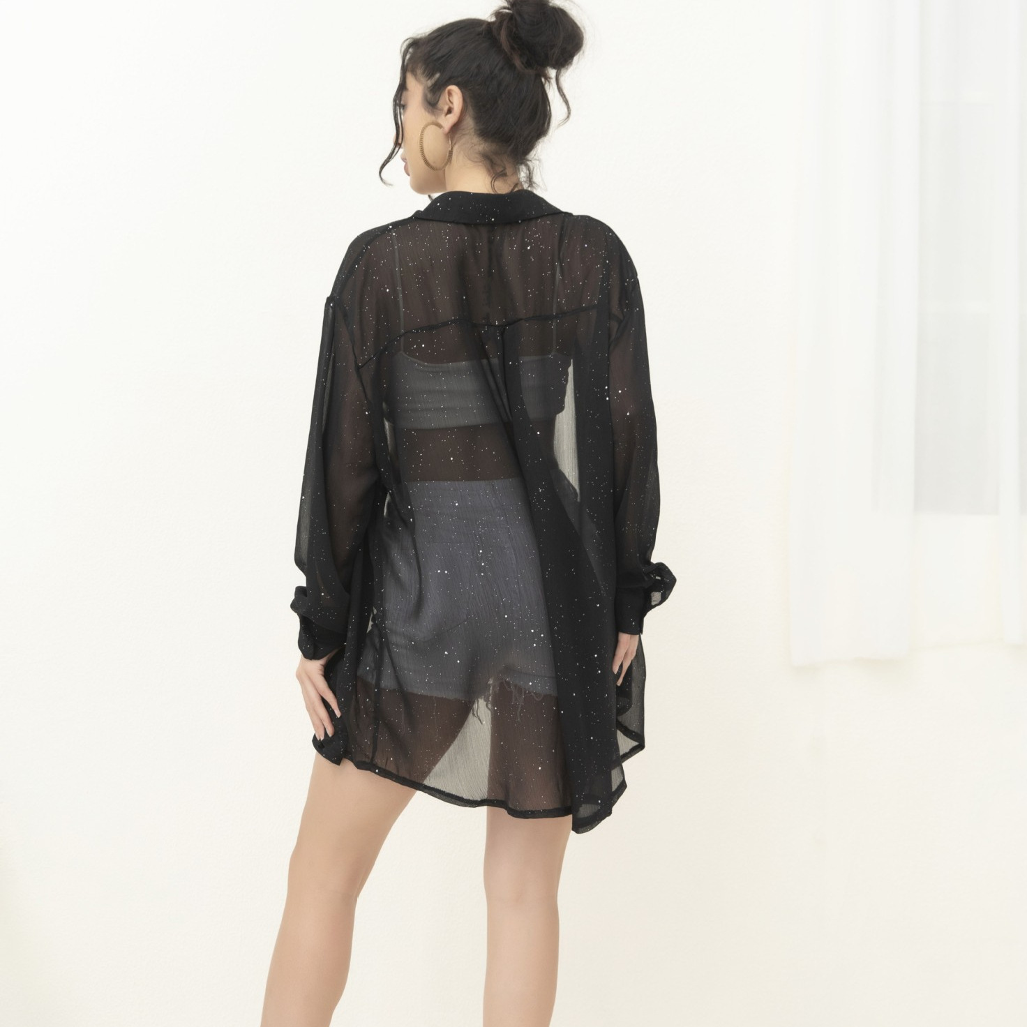 2025 women's fashion long sleeved thin collar sequined casual shirt