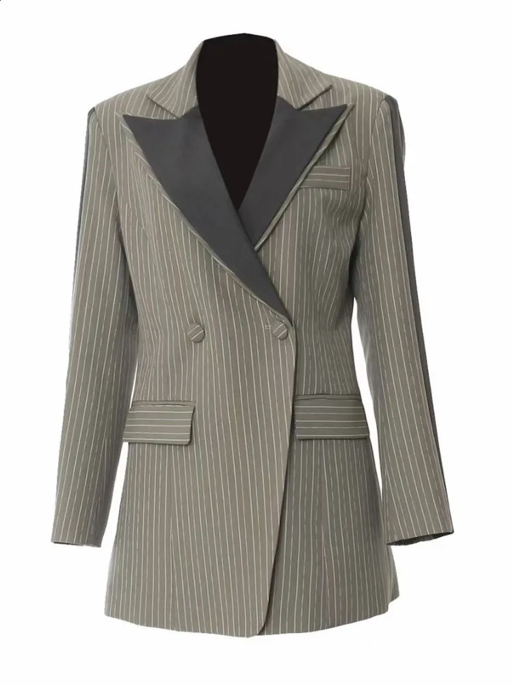 TLXT Womens Collar Set Slimming Fashion Straight Coat Striped Splicing Work Pocket n Jacket 2024 SpringSummer Collection 250407