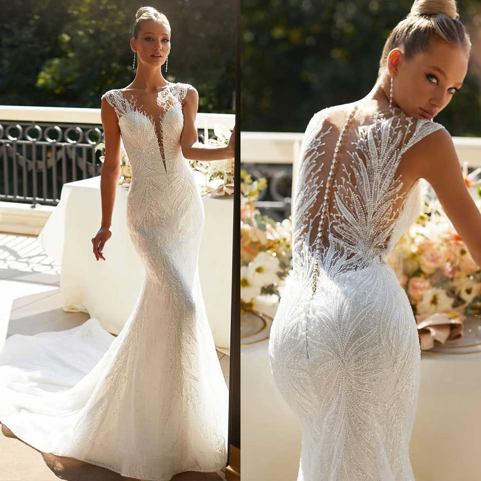 Elegant V Neck Mermaid Wedding Dress Sleeveless Button Back Women Customized Beaded Lace Sweep Train Bridal Gown