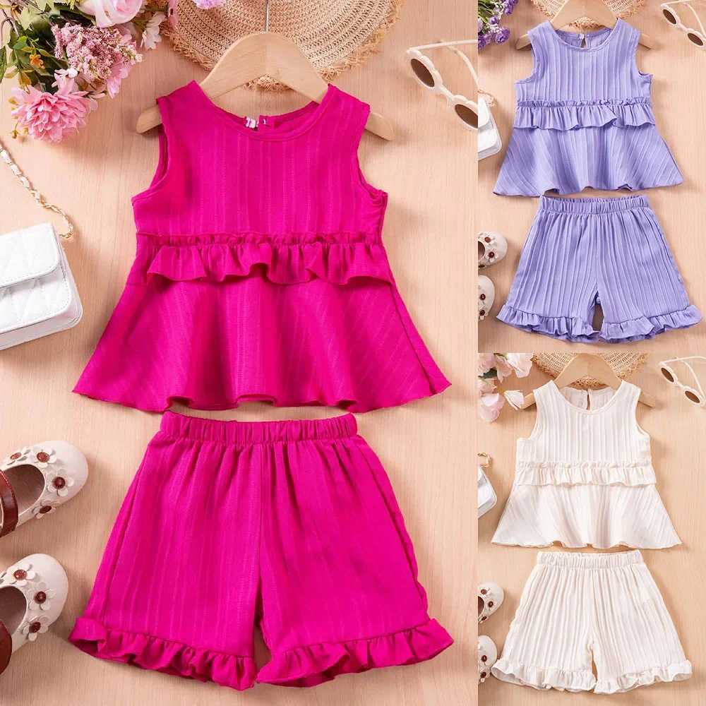 Summer childrens casual set baby girl solid color sleeveless top+pleated shorts 2 small fresh sleeves suitable for daily wearXJ250410