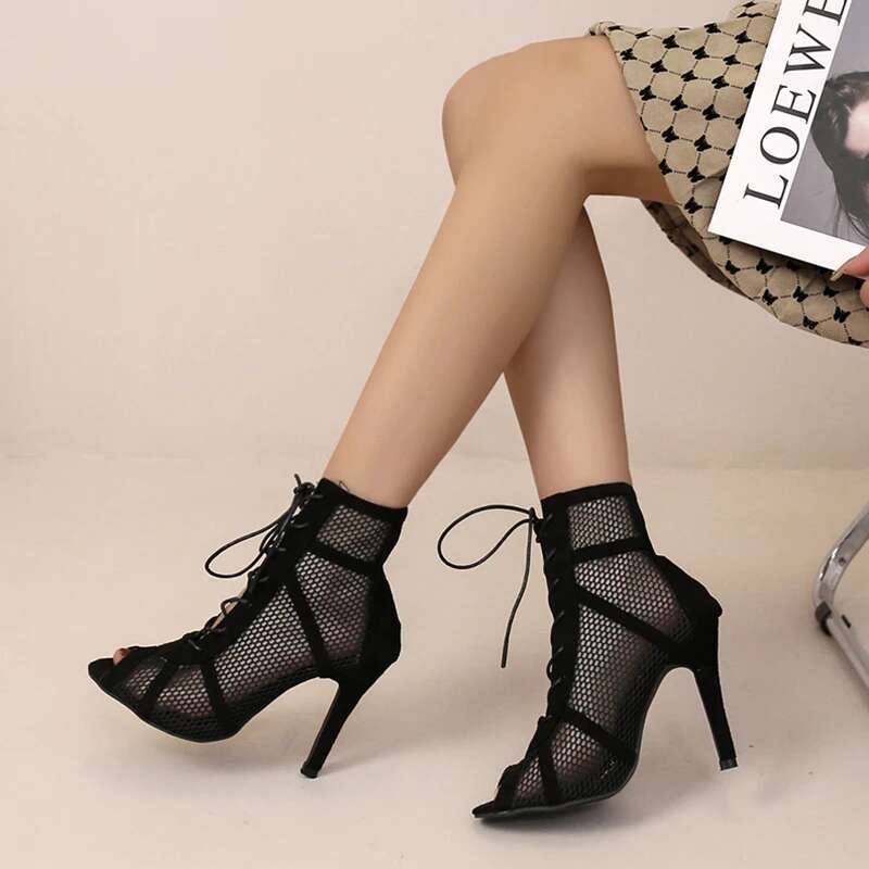 Sexy High Heels Hollow Mesh Women Summer hot Cross-tied Peep Toe Heeled NEW Ankle Strap Dance Shoes Black Net Sandals