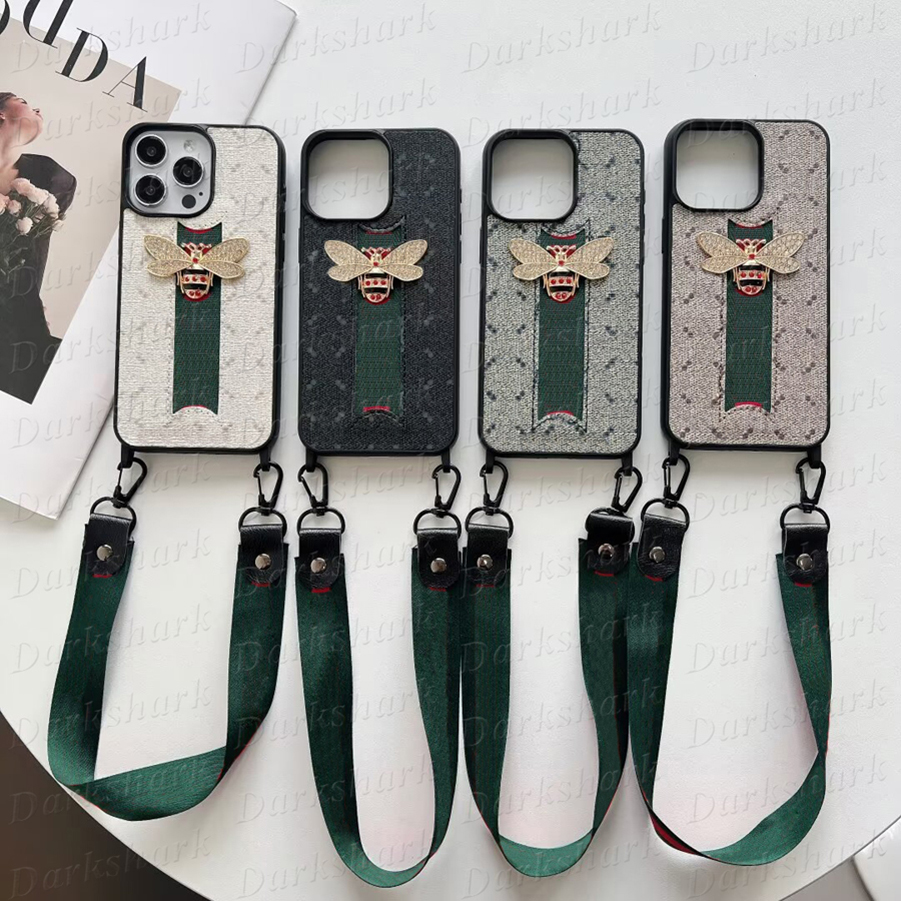 Luxury 3D Bee Designer Phone Case for iPhone 17 Air 16 Plus 15 14 13 12 11 Pro Max Top Print Letter Shockproof Leather TPU Bumper 15pro 14pro Cover with Luxury Handy Strap