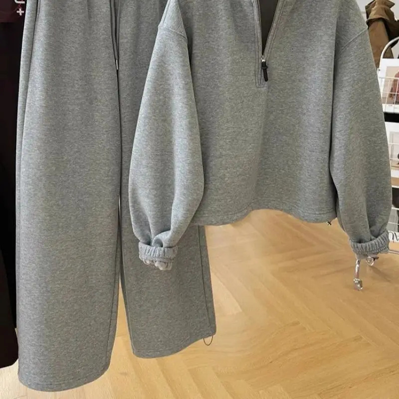 BAFU Autumn Winter Fleece Grey Sprotwear Women Zipper Pullover HoodieDrawstring Wide Leg Pants Casual Loose Tracksuit 004F 251105