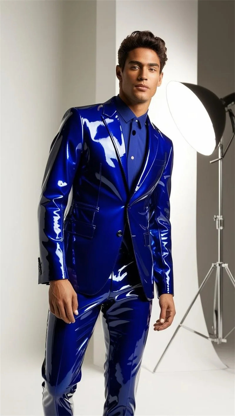 Bright PU Leather Men Suits Set 2 Piece BlazerPants Trousers Wedding Tuxedo Formal Office Groom Prom Jacket Business Coat 251107