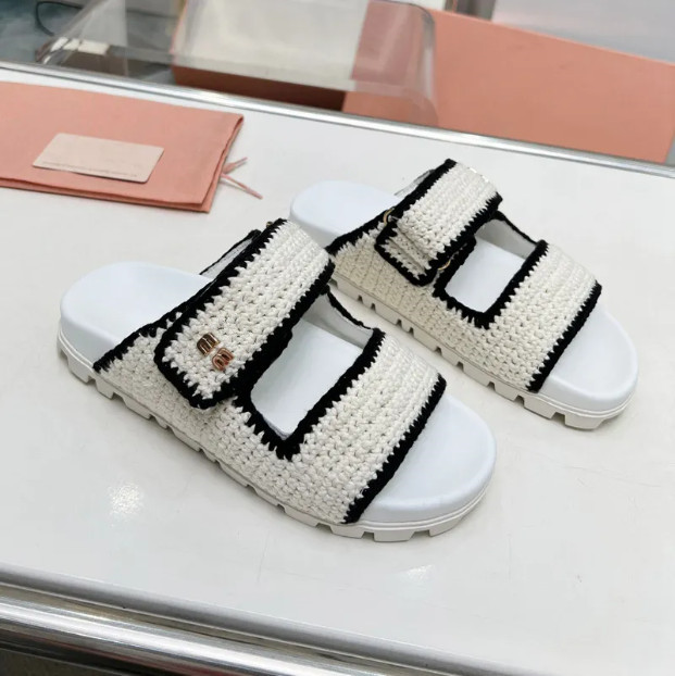 Luxury womens sandal famous designer woman Slipper rubber platform sandal Crochet knit slides for women Raffia-effect woven fabric slide flat mule size 35-40