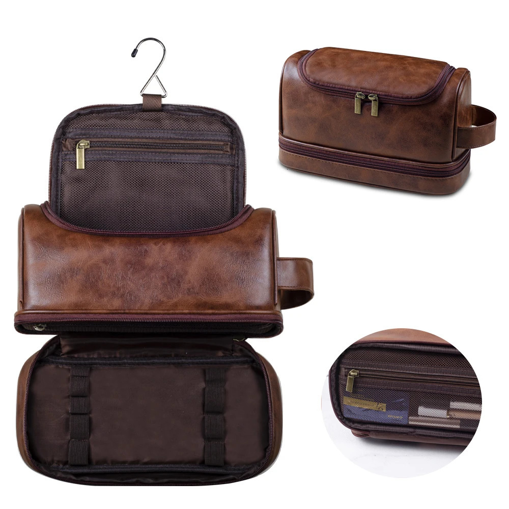 Large Toiletry Cosmetic for Men Women Leather Travel with Hanging Hook Toiletries Bathroom Shaving Bags 251119 - view 3