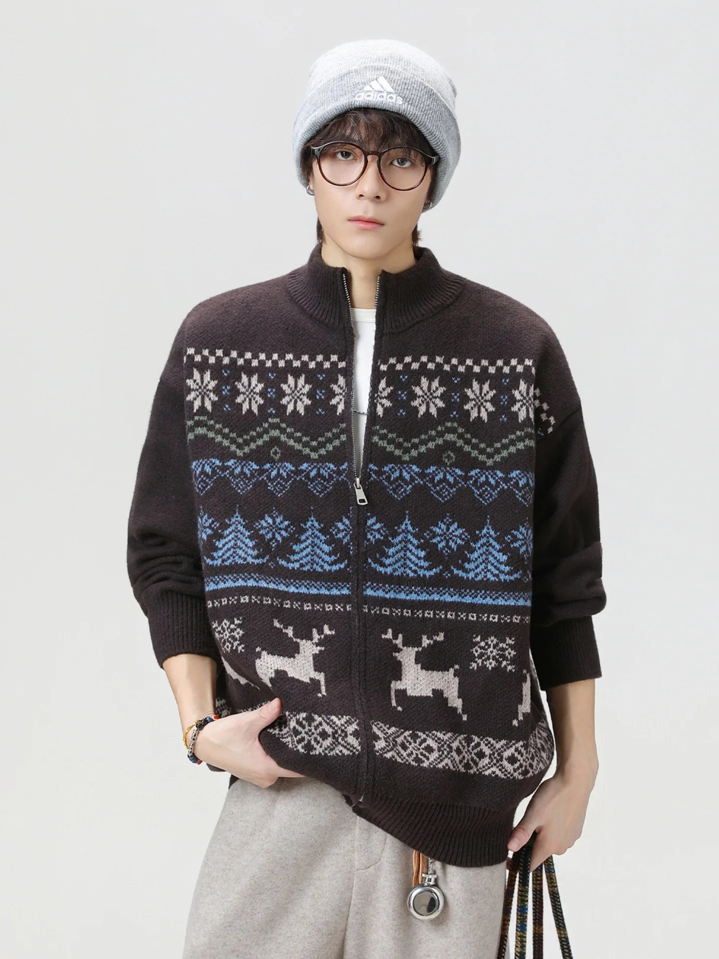 Fair Isle Zip Cardigan Mens Textured Jacquard Knit Sweater Retro Stand Collar Pullover Unisex Christmas Gift For Autumn Winter 251030