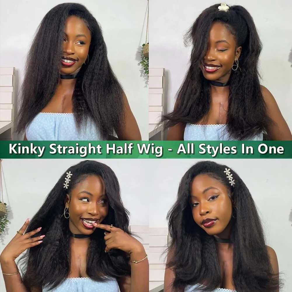 Kinky Straight Half Wig 3 In 1 Half Wig With Drawstring Flip Over Half Wig Yaki Straight Glueless Wigs Ready to Wear Half WigsT251111