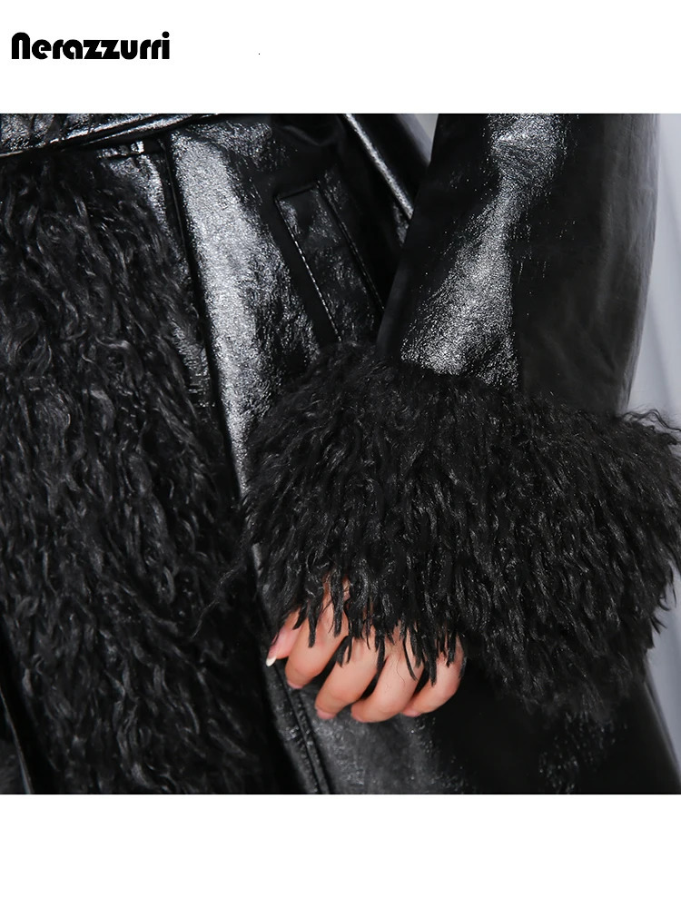Nerazzurri Autumn Winter Long Loose Black Quilted Warm Soft Pu Leather Coat Women with Faux Fur Trim Sashes European Fashion 251103