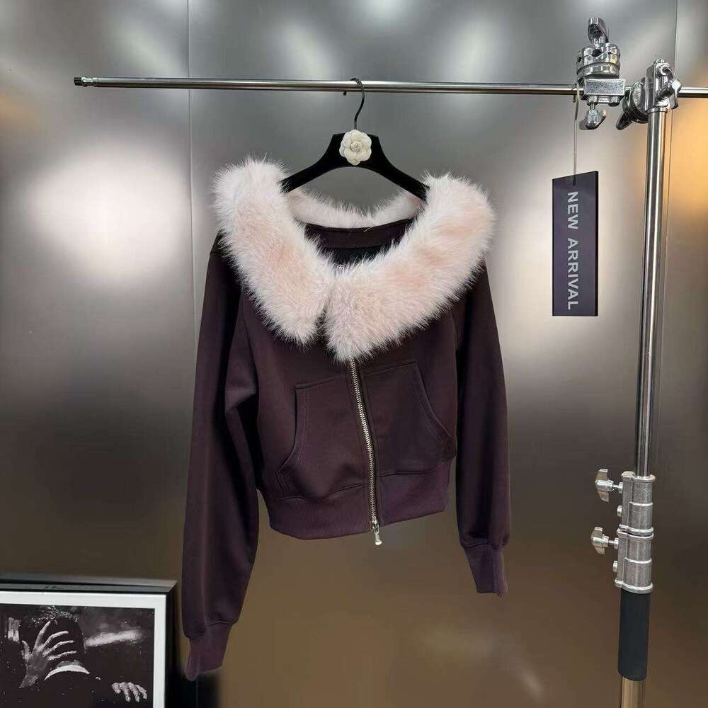 2025 Autumn American Retro Style Fur Collar Asymmetrical Shoulder Sweatshirt Jacket + Wide Leg Long Pants Casual Two-Piece Set