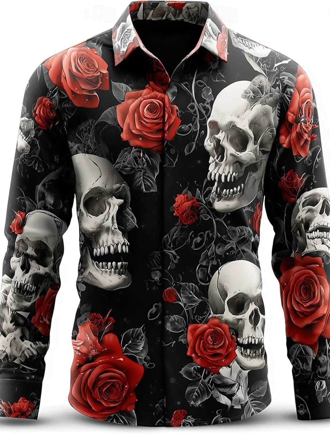 Mens Skeleton Rose Skulls Shirt Button Up Shirt Long Sleeve Dark Gothic Style Streetwear Turndown 3D Print Collared Shirts K251110